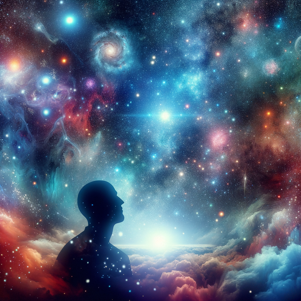 Cielo estrellado con galaxias y nebulosas, silueta de persona mirando al universo pensativa