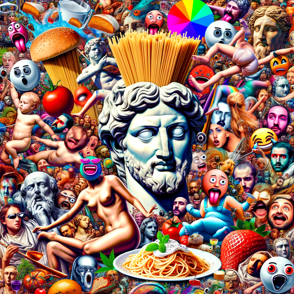 Collage caótico de memes italianos con espaguetis, estatuas romanas y expresiones exageradas en un estilo digital y absurdo