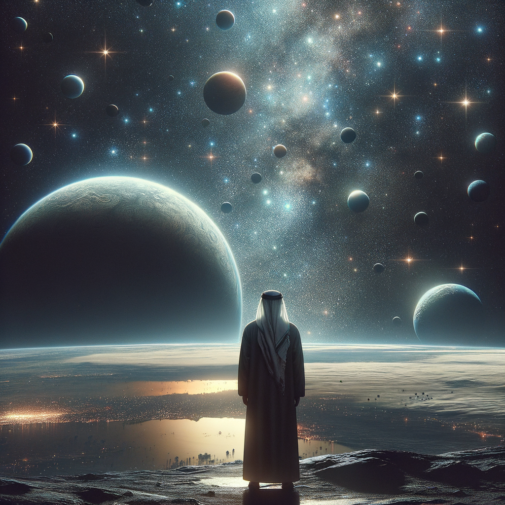 Persona observando las estrellas desde la Tierra con galaxias al fondo y siluetas sutiles de OVNIs en la distancia