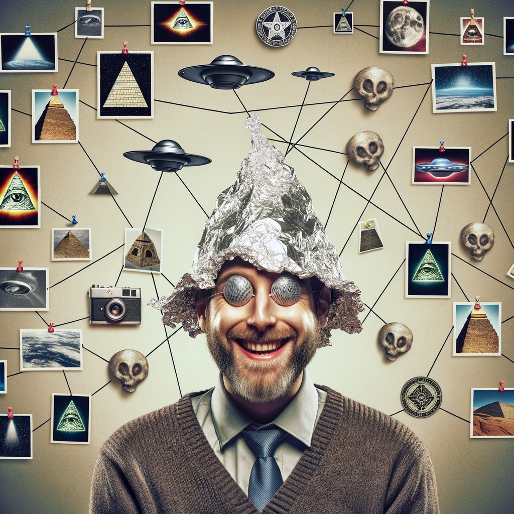Persona con sombrero de papel de aluminio rodeada de símbolos de conspiración como OVNIs, pirámides e hilos conectando fotos en la pared