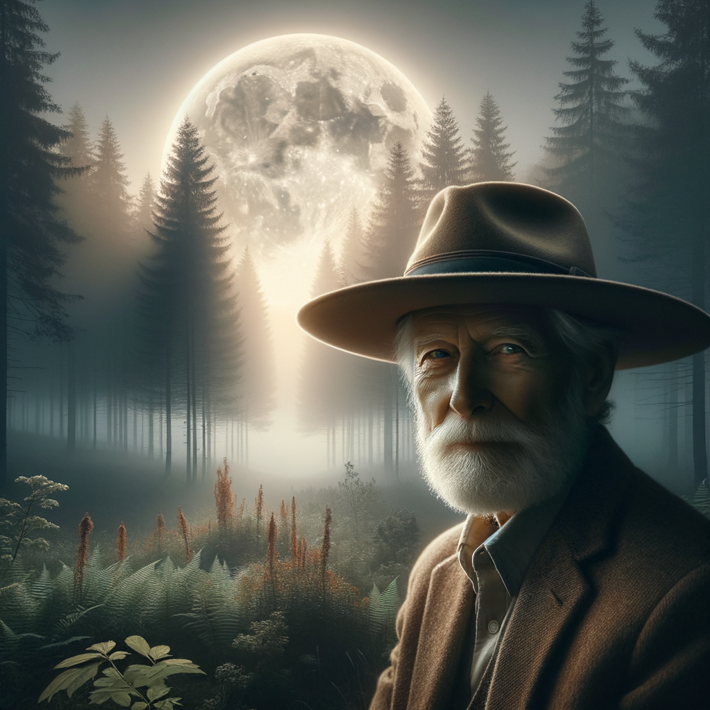 Hombre misterioso con sombrero de ala ancha sentado cerca de un bosque brumoso al anochecer con atmósfera mágica sutil