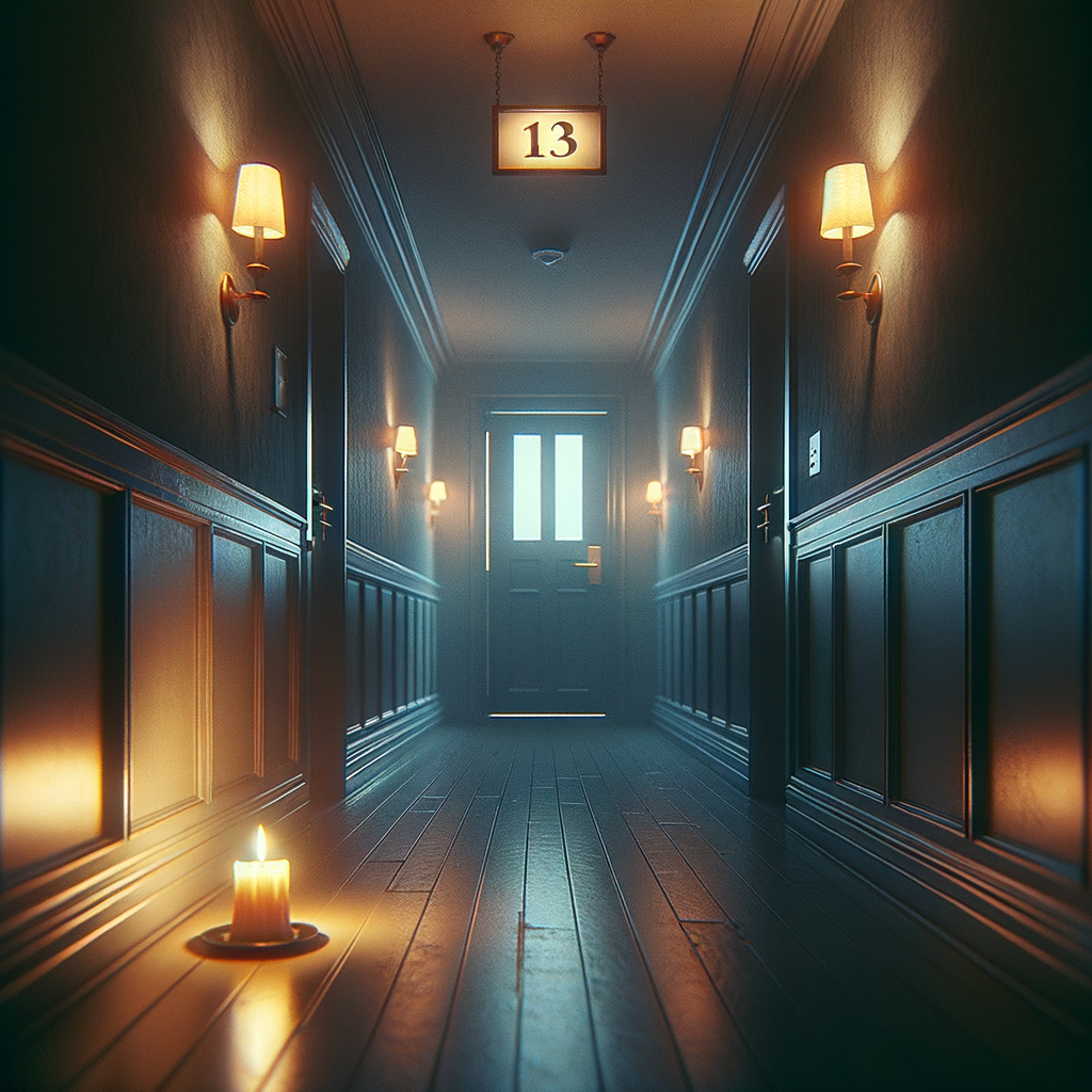 Pasillo de hotel con la puerta número 13 entreabierta y luz tenue de vela creando una atmósfera de suspense