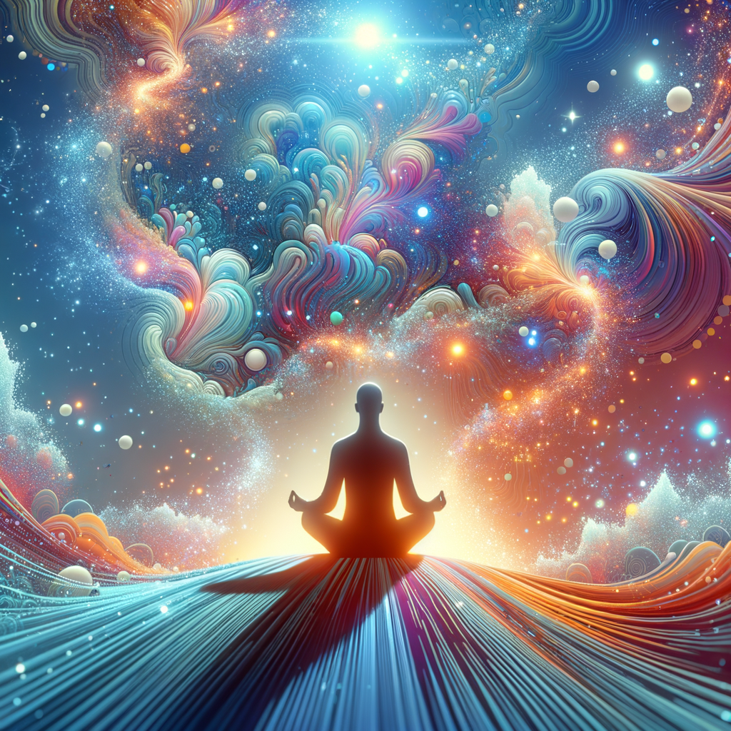 Escena surrealista con partículas de luz flotando y ondas de energía rodeando la silueta de una persona meditando