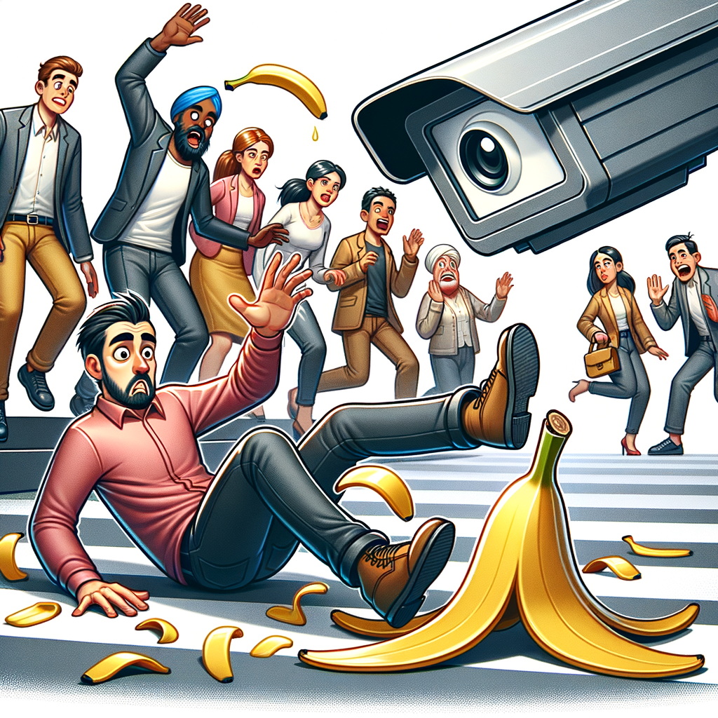 Ilustración cómica de cámara de seguridad grabando situaciones graciosas como una persona resbalando con una cáscara de plátano y otra cayendo en una fuente