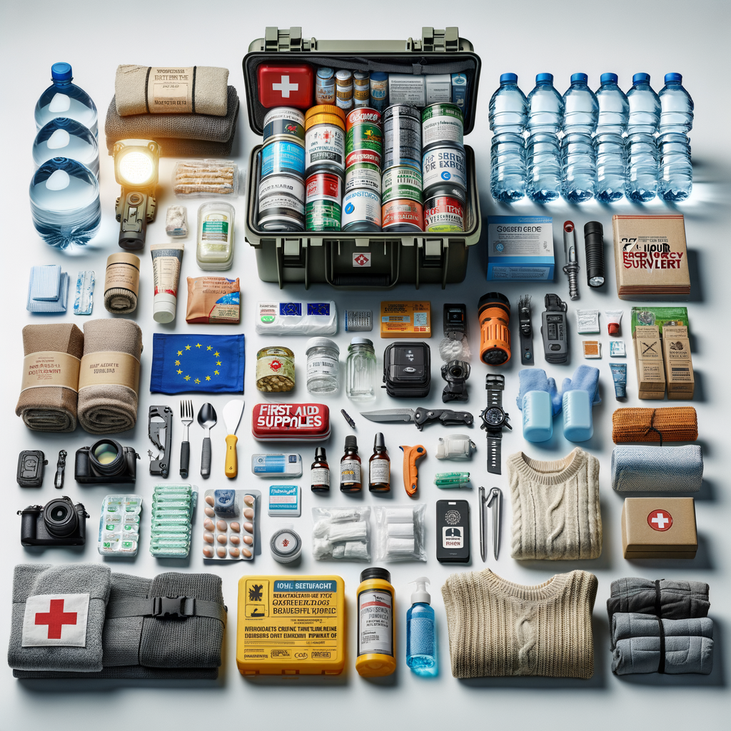 supervivencia absurda Comprehensive 72-hour emergency survival kit including water, non-perishable food, first aid supplies, flashlight, multi-tool, portable radio, hygiene products, warm clothing, and important documents, as recommended by the EU for crisis preparedness