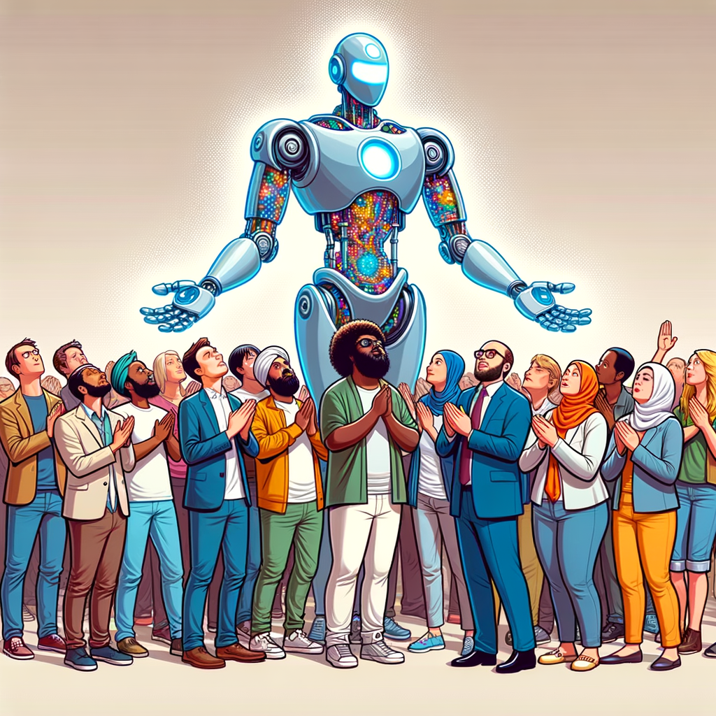 Grupo de personas adorando en broma a un robot gigante de IA brillante, estilo caricatura digital