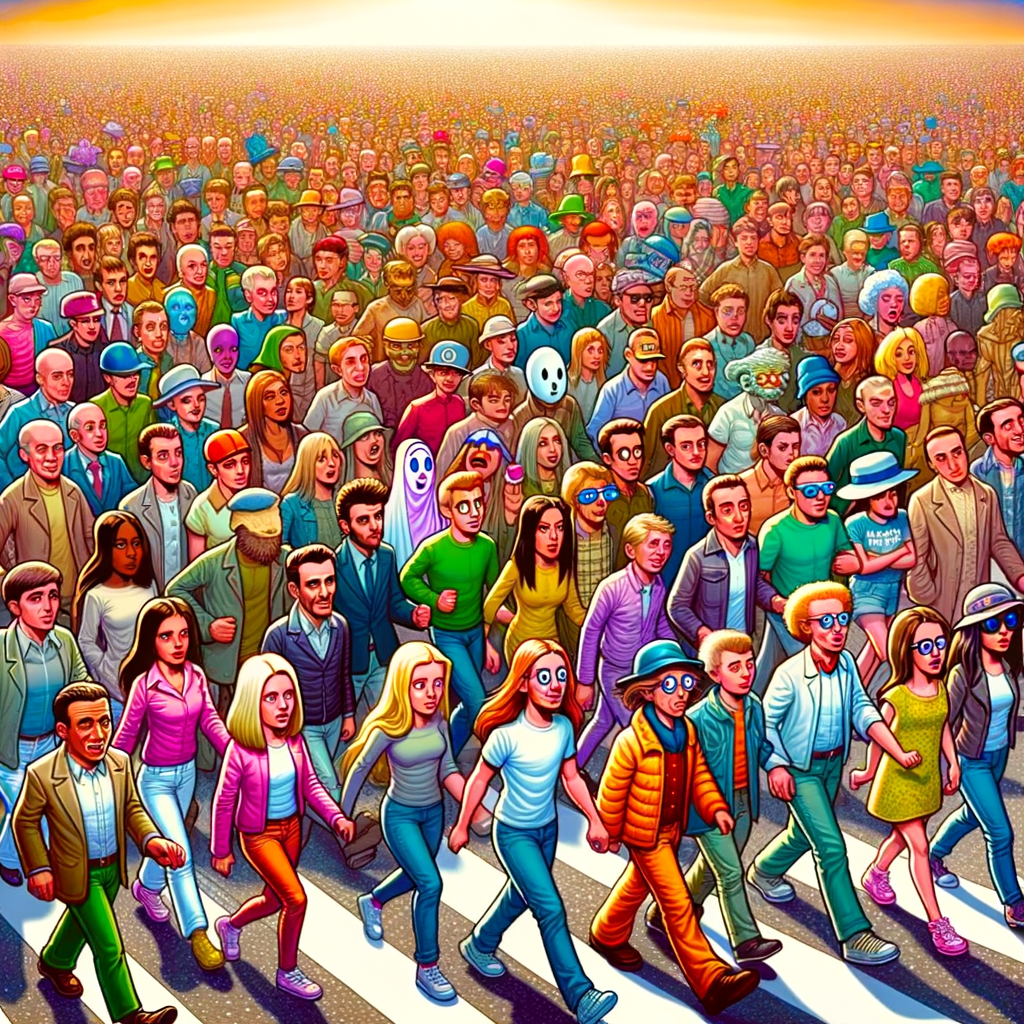 Multitud de personas confundidas siguiendo modas virales ridículas sin entenderlas, estilo caricatura digital