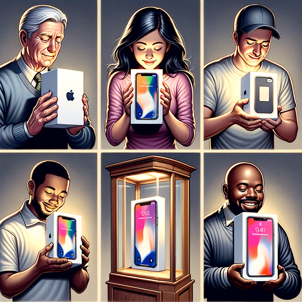 Estantería con varias cajas de iPhone apiladas como si fueran objetos de colección