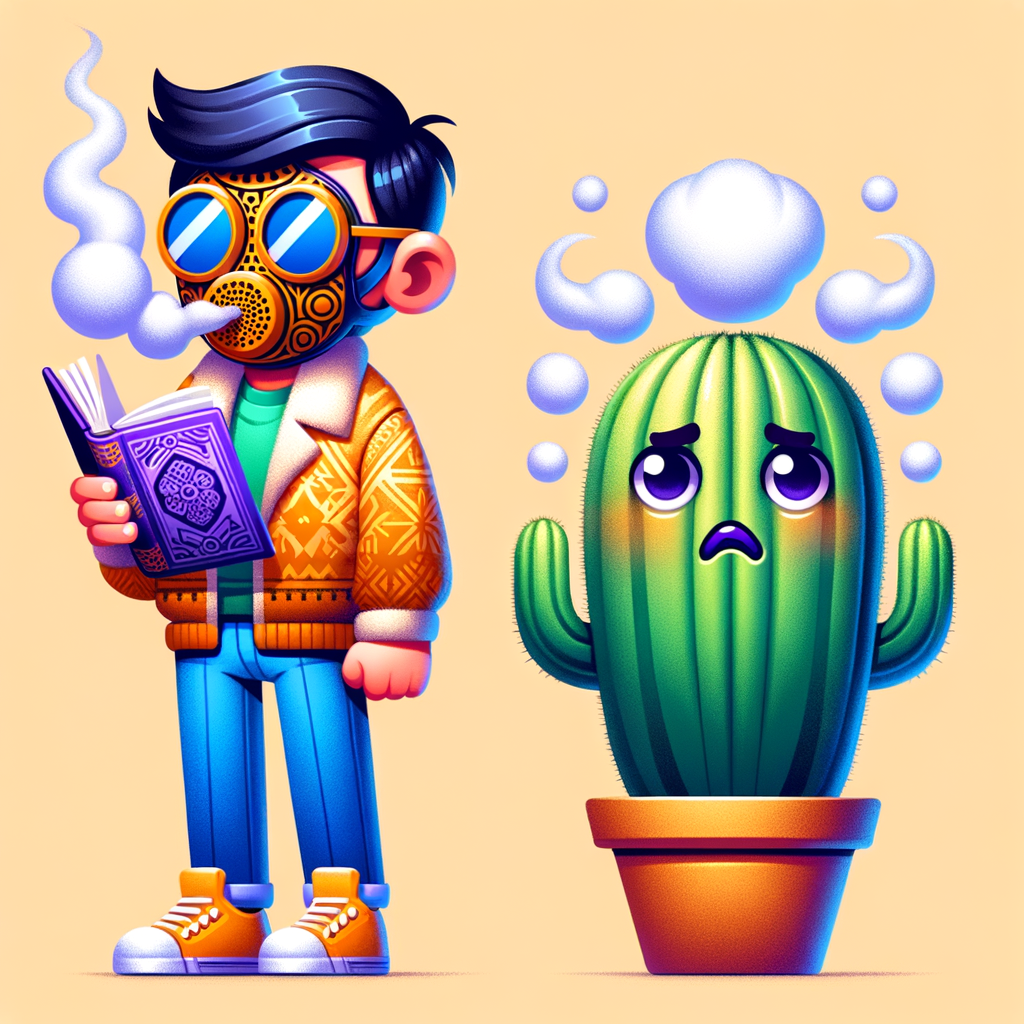 Influencer excèntric oliendo un libro mientras un cactus con expresión ansiosa está a su lado
