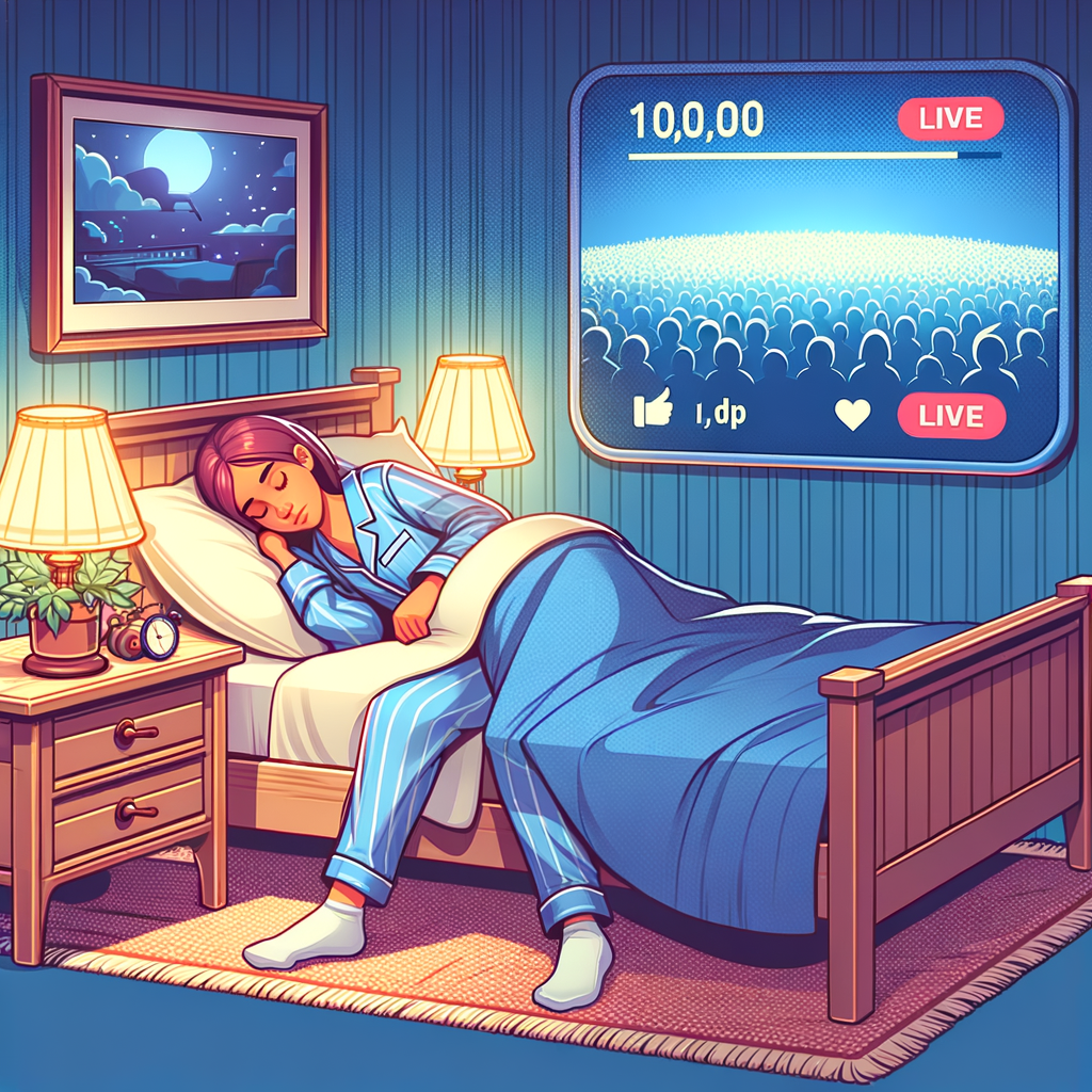 Transmisión en directo de una persona durmiendo en la cama mientras una pantalla muestra miles de espectadores conectados
