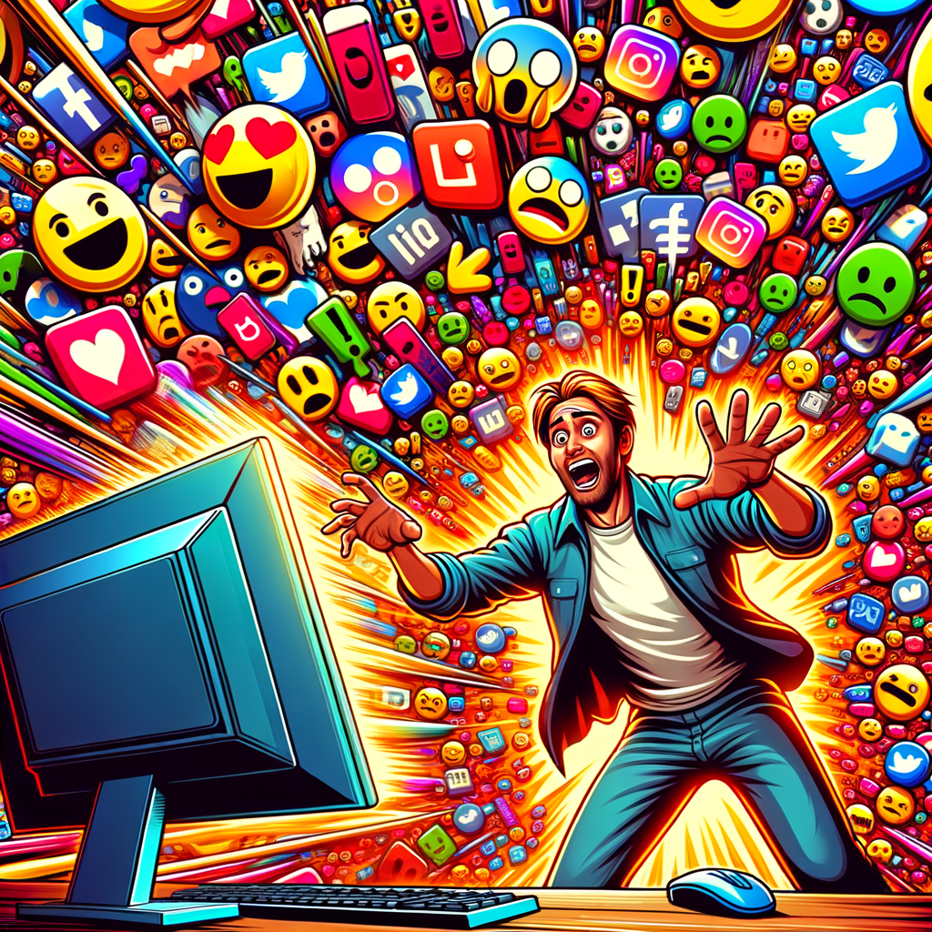 Escena digital caótica con memes exagerados invadiendo la pantalla de un ordenador y una persona sorprendida intentando escapar