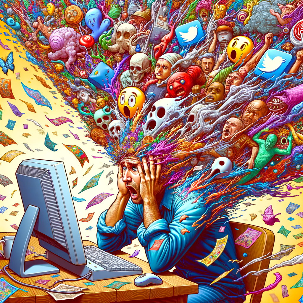A person overwhelmed by a flood of absurd and surreal memes coming out of a computer screen, digital cartoon style, bright colors, chaotic composition, character wearing casual western-style clothing, no turbans, no headscarves, no cultural or religious symbols