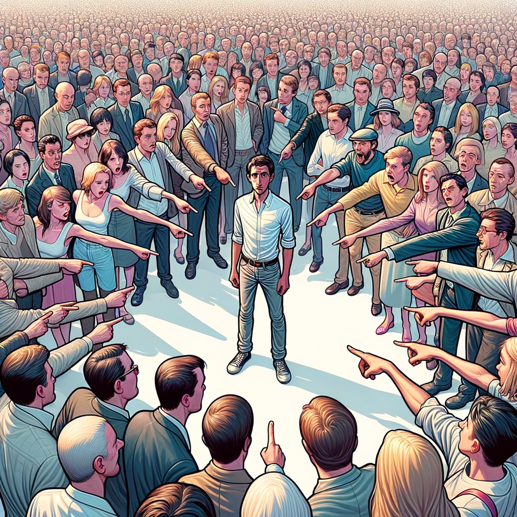 Ilustración humorística de persona sorprendida diciendo “¿Quién, yo?” señalada por todos.