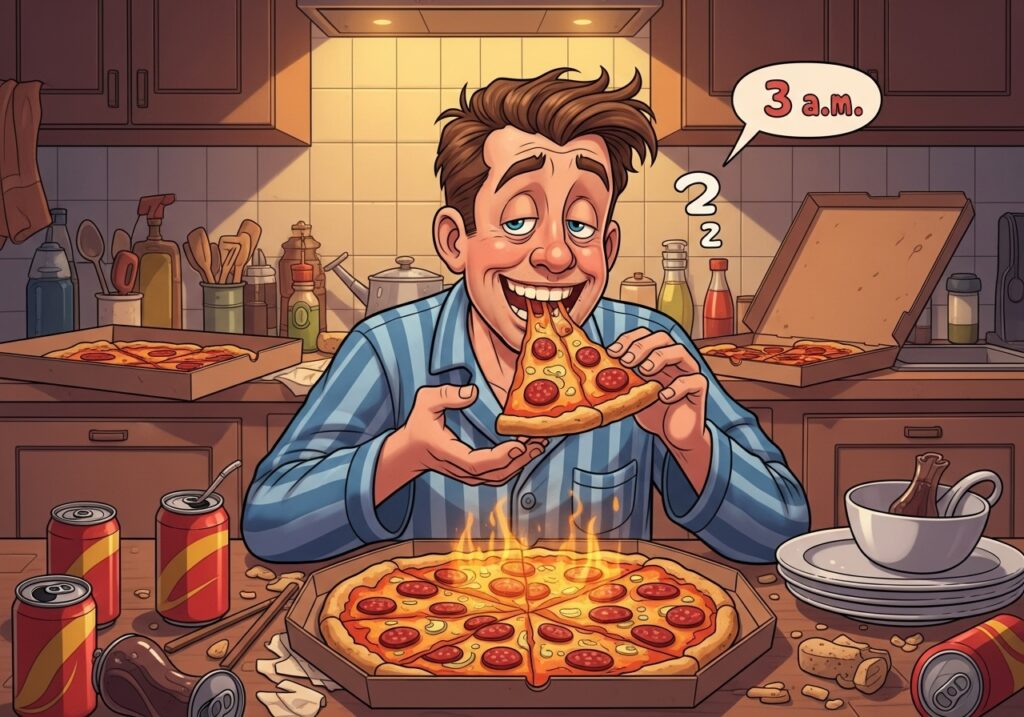 Sleepy person in striped pajamas eating a huge pizza in a messy kitchen at 3 a.m.,