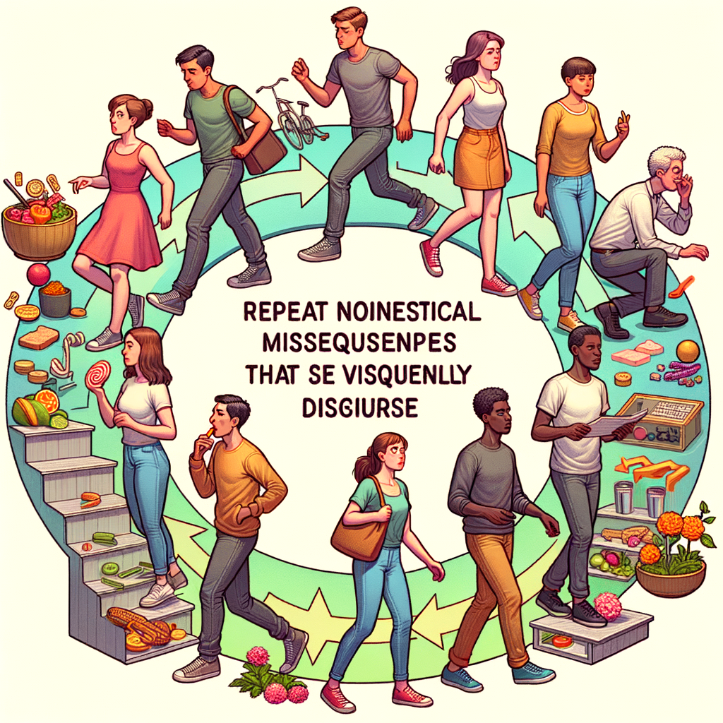 Ilustración colorida y caricaturesca de personas que repiten errores cotidianos de forma despreocupada, ignorando las consecuencias, con expresiones divertidas y actitud despreocupada.