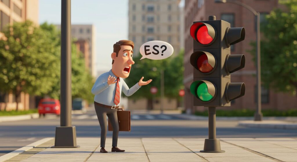 persona hablando a los semáforos con gesto absurdo