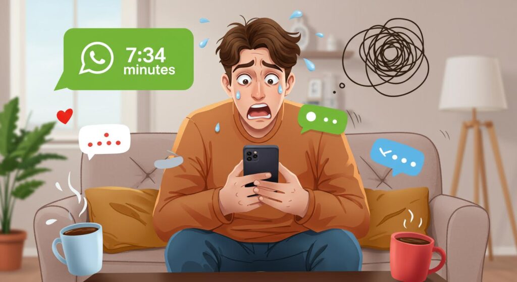 Persona frustrada escuchando audios largos de WhatsApp