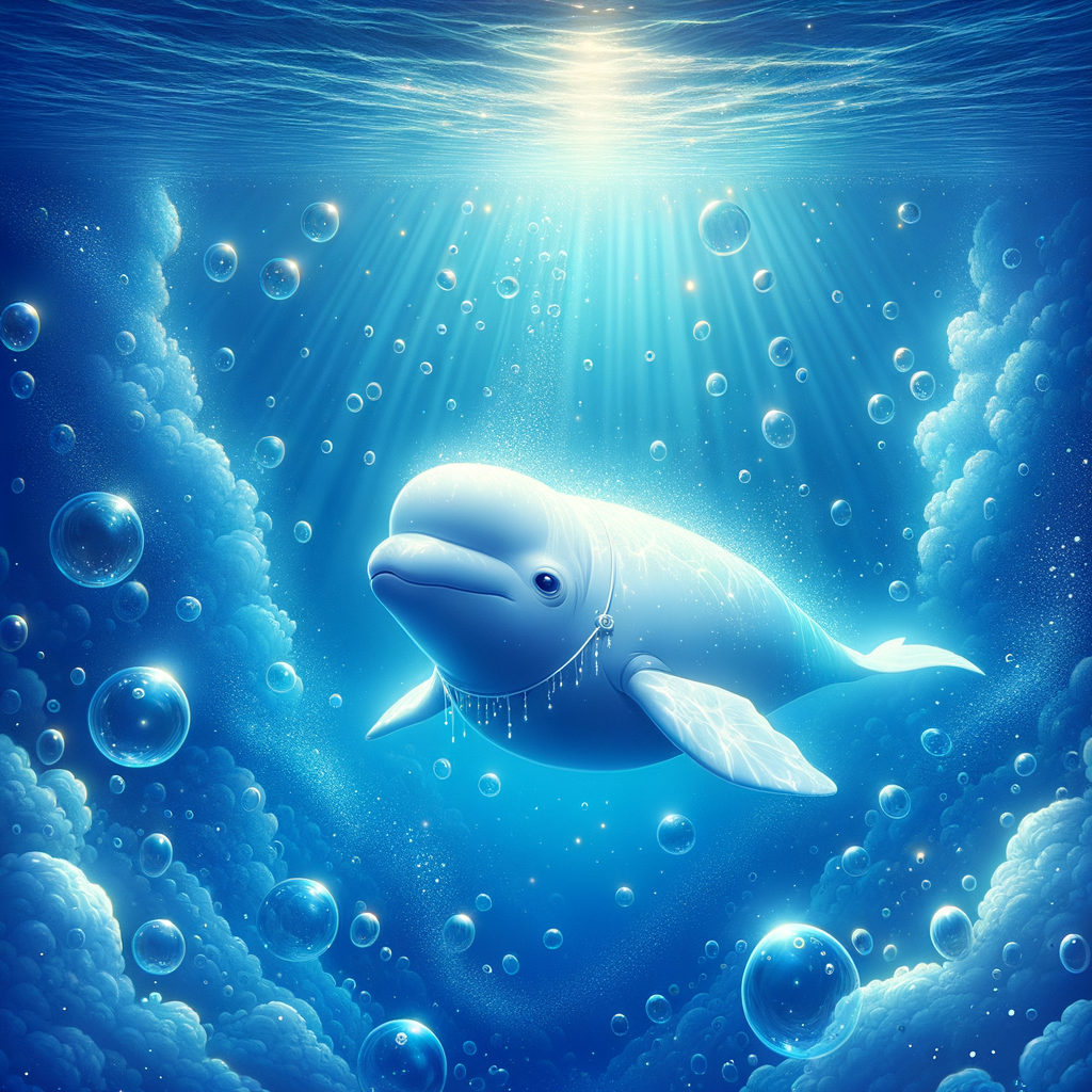 Beluga blanca nadando en el océano con un arnés misterioso, rodeada de burbujas y rayos de luz