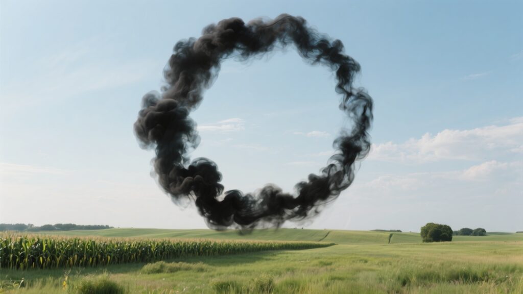 Un anillo de humo negro flotando sobre un campo verde con cielo azul claro