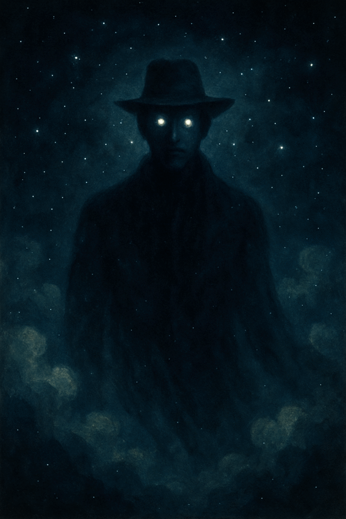 Hombre de los Sueños, figura misteriosa y etérea en el cielo nocturno estrellado, fenómeno onírico recurrente.