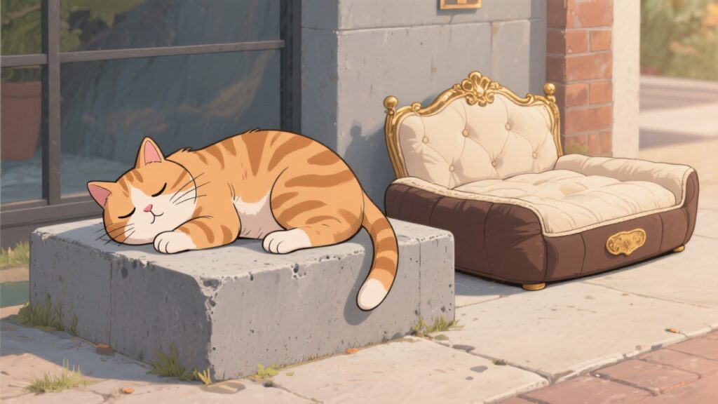 Gato naranja durmiendo feliz sobre un bloque de hormigón, mientras ignora una cama de lujo acolchada al lado