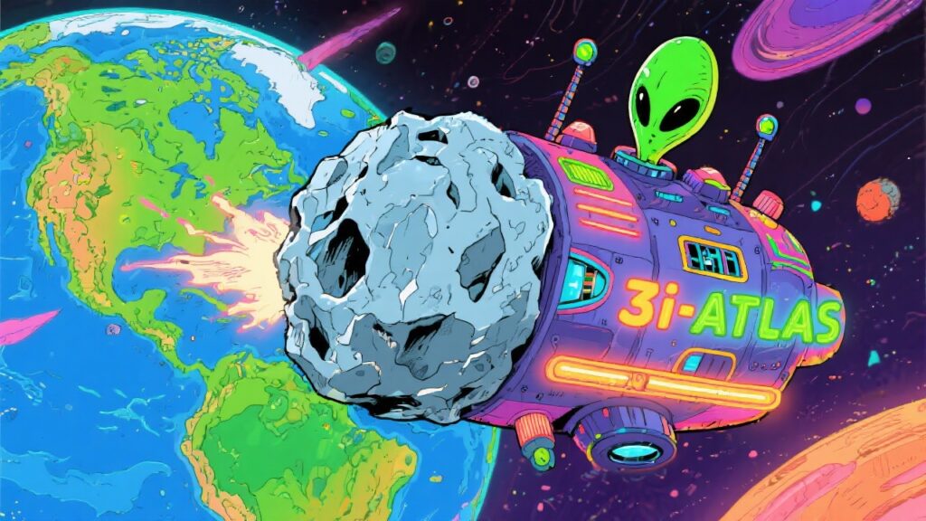 Ilustración irónica del cometa 3i-ATLAS con apariencia de nave alienígena en el espacio, vista pop-art